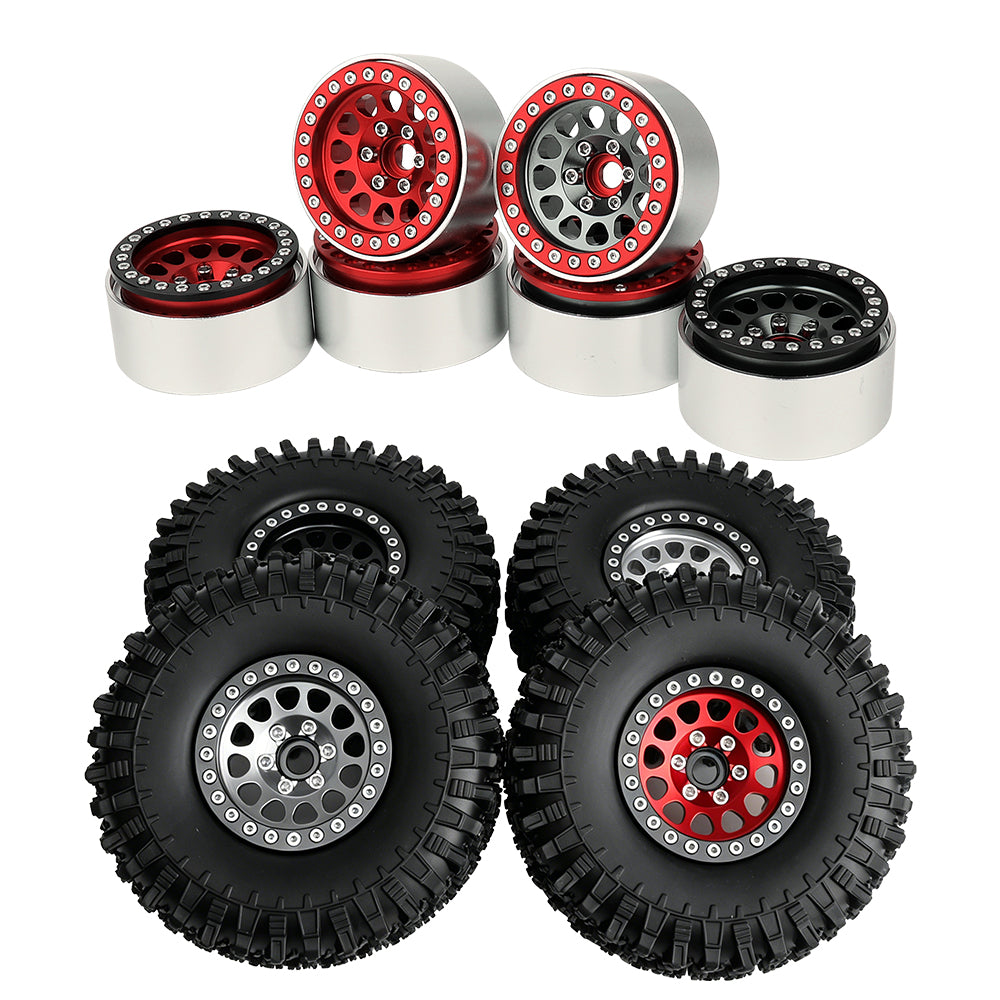LonZeXy 1.9 Inch CNC Aluminum Beadlock Wheel Rim & Rubber Tire Assembly Triangle Inner Base For 1/10 RC Crawler Axial SCX10 Off Road Climbing Car Upgrade Wheels