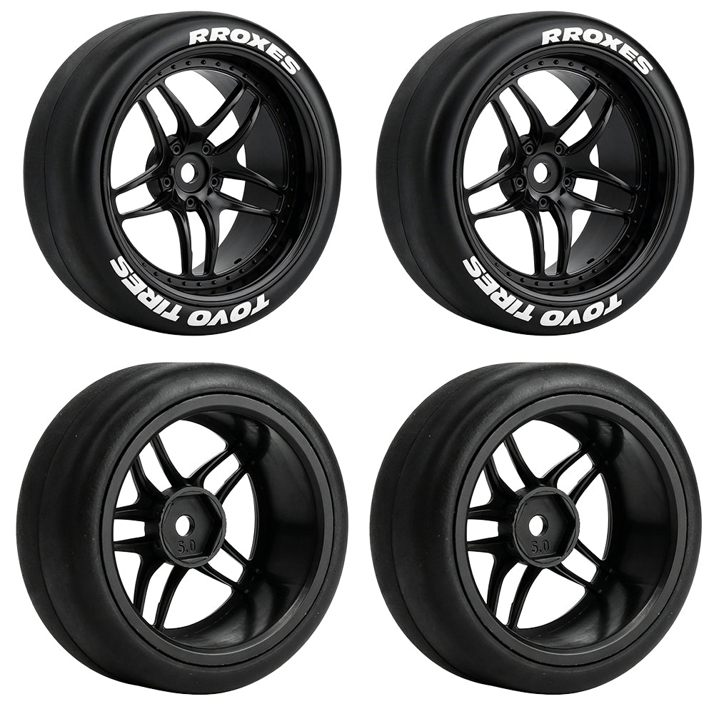 1/10 RC Drift Car Slick Drift Tires With Printed Logo Multi Spoke Plastic Rims 12mm Hex RC Racing Upgrade Parts