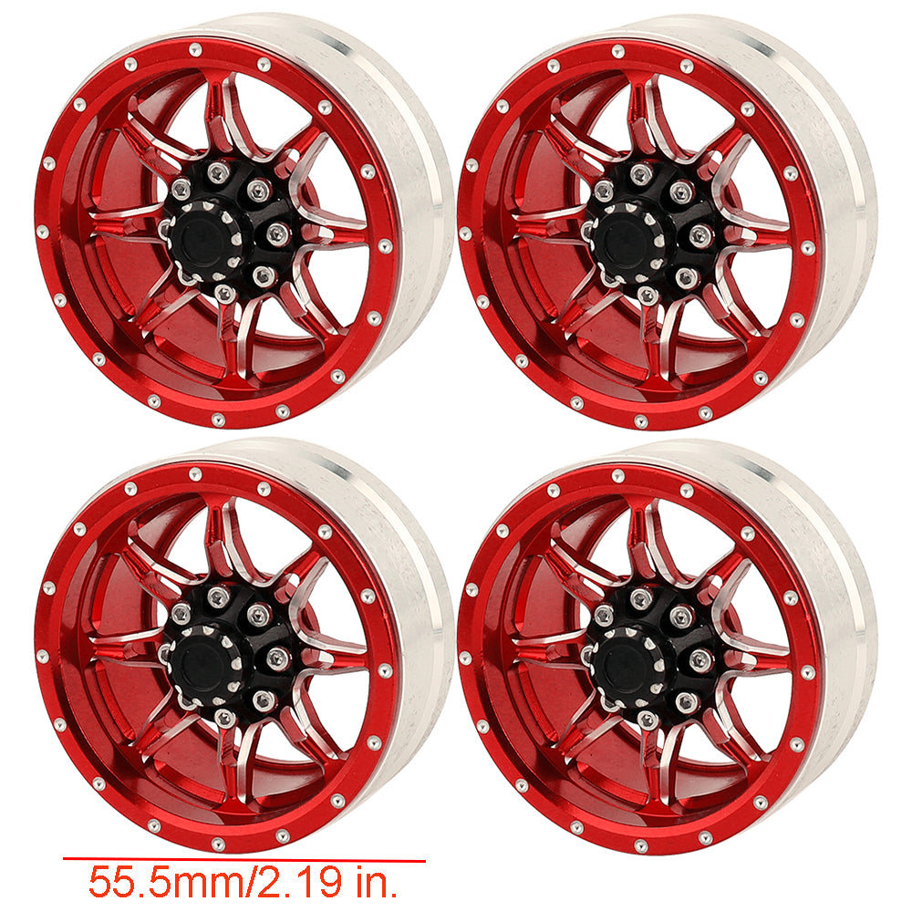 LonZeXy 1.9 Inch CNC Metal Beadlock Wheel Rims & Tyres Kit For 1/10 RC Offroad Crawler Axial SCX10, Alloy RC Wheel Hub Modification Accessories, Black Red Optional