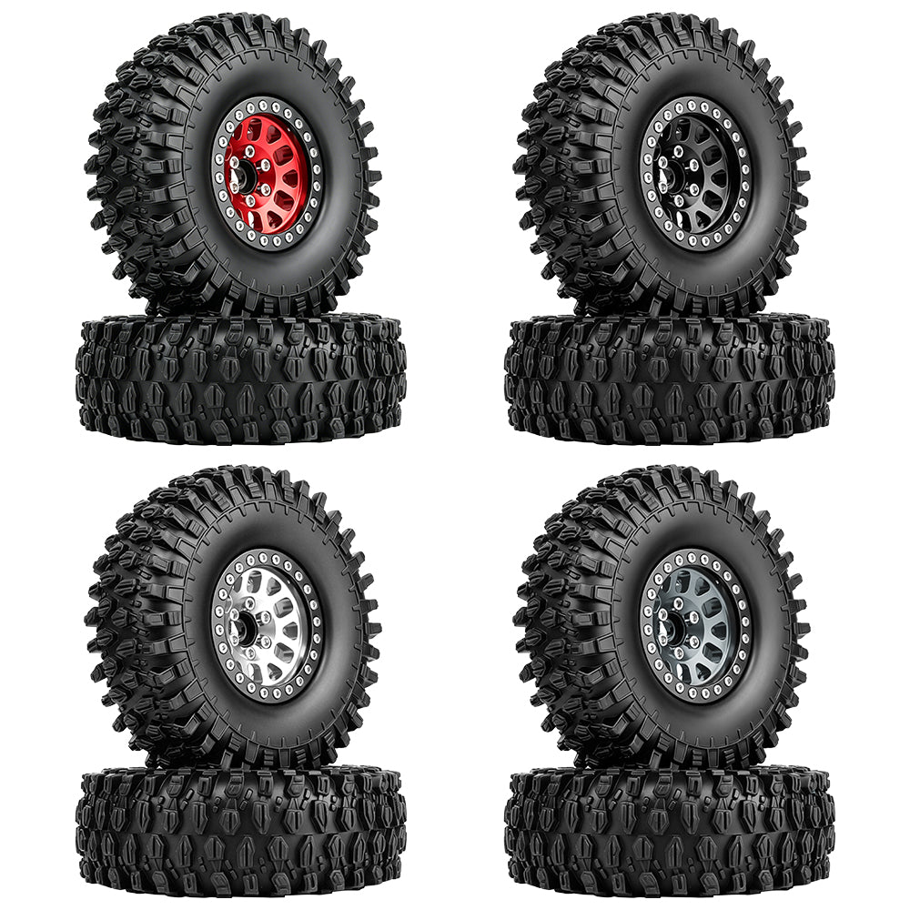 LonZeXy 1.9 Inch CNC Aluminum Beadlock Wheel Rims Rubber Tires Set For 1/10 RC Crawler Axial SCX10 Off-Road Climbing Car Alloy Modification Wheels Multiple Color Options