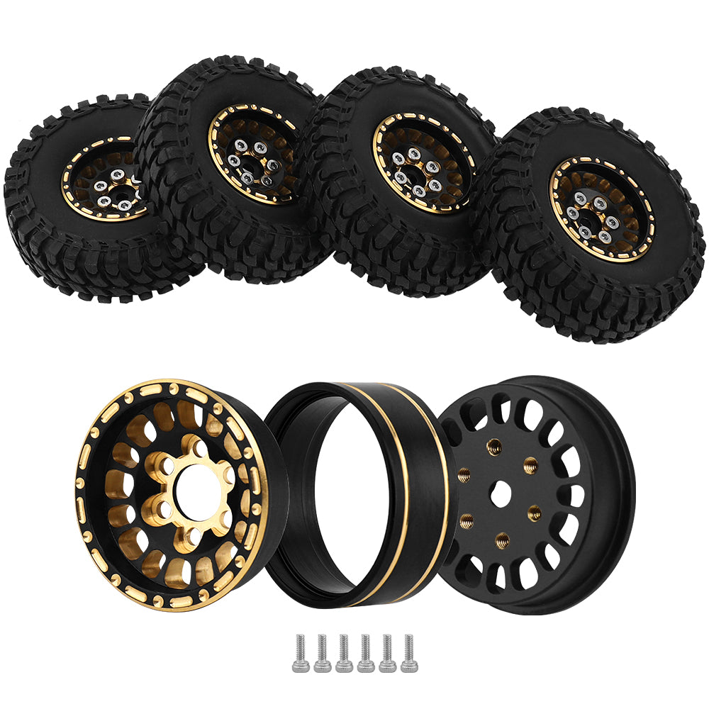 LonZeXy 1/18 1/24 RC Crawler Brass Beadlock Wheel Rims 4Pcs Black Gold Weighted Hub With Rubber Tires