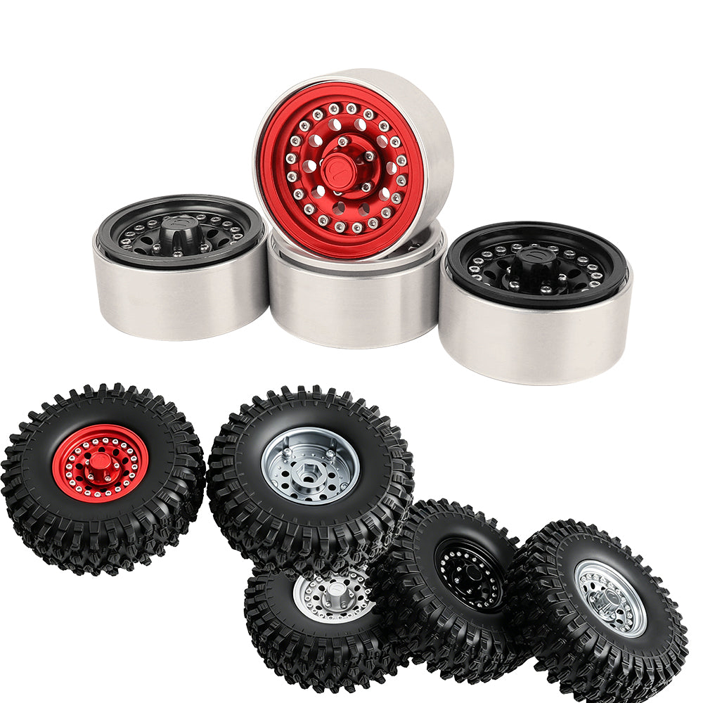 LonZeXy 1.9 Inch CNC Aluminum Beadlock Wheel Rims Rubber Tires Set For 1/10 RC Crawler Axial SCX10 Off Road Climbing Car Alloy Modification Wheels Multiple Color Options